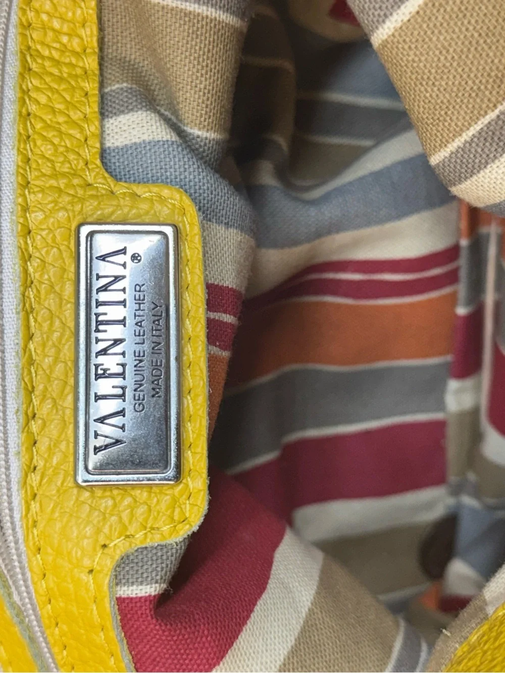 Valentina Italia Yellow Pebbled Leather Tote Bag Brown Trim Bag Made in Italy